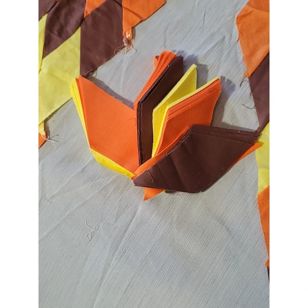 Vntg. Harlequin Diamond Patchwork Quilt Blocks Hand Stitched Orange Brown Yellow